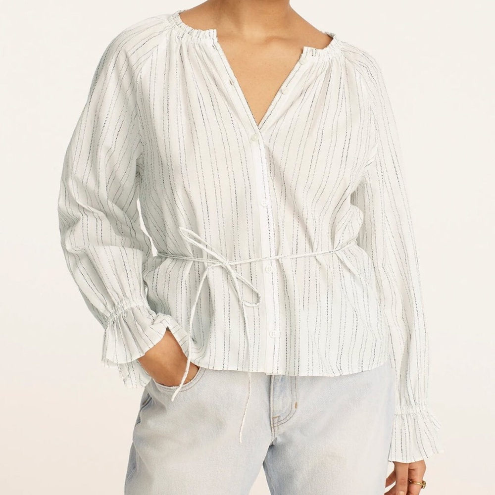 J.Crew Women Button-up tie-waist top in stripe Ivory Black Size M Item #BG312